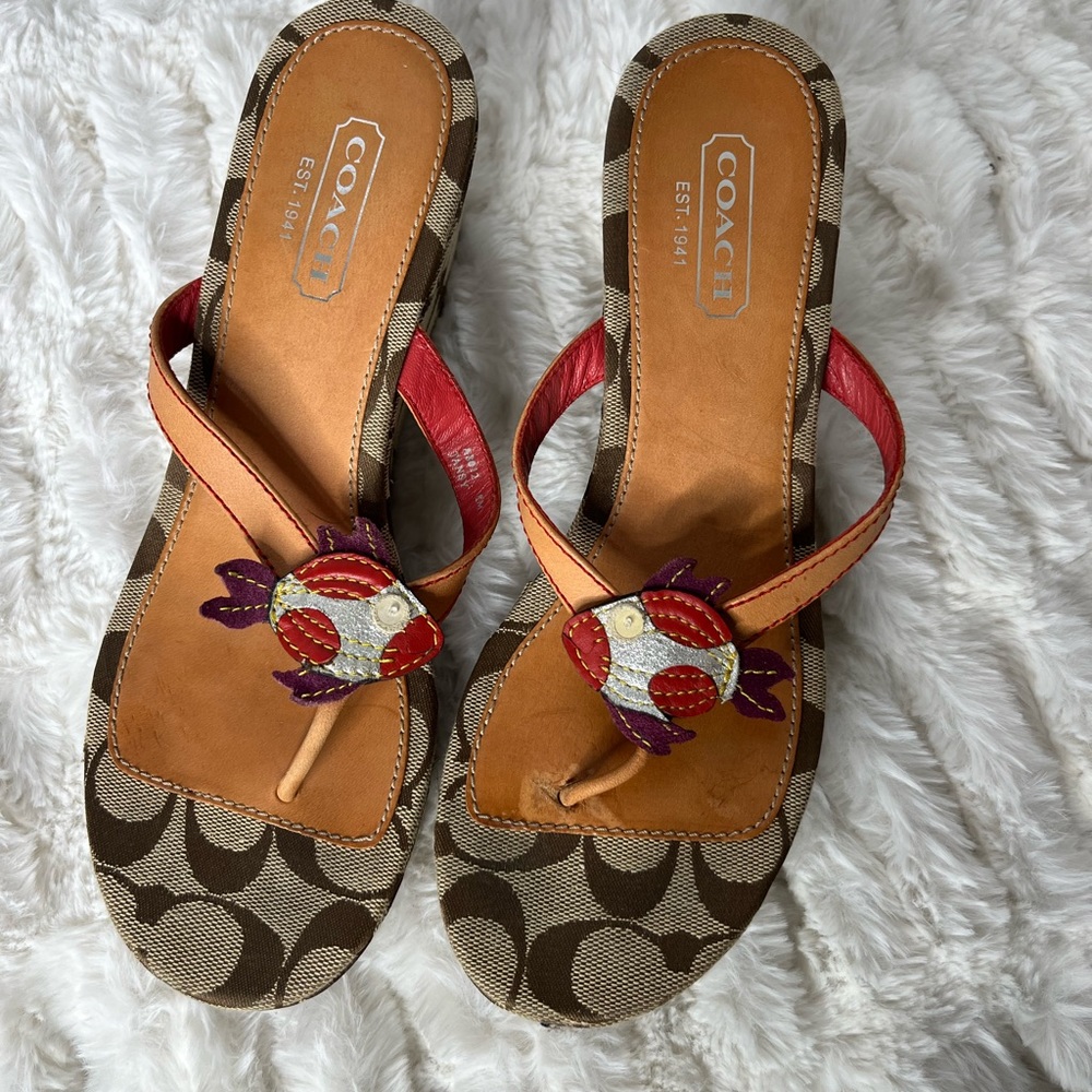 Coach Brown and Red Wedge Sandals with Signature Pattern